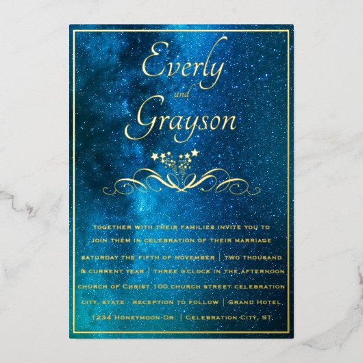 ベリエレガントムーディースオブブルー結婚の金ゴールド 箔招待状 (正面)