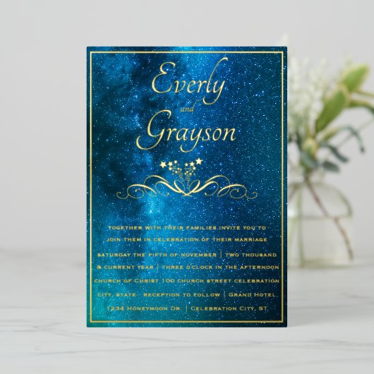 ベリエレガントムーディースオブブルー結婚の金ゴールド 箔招待状 (立ち正面)