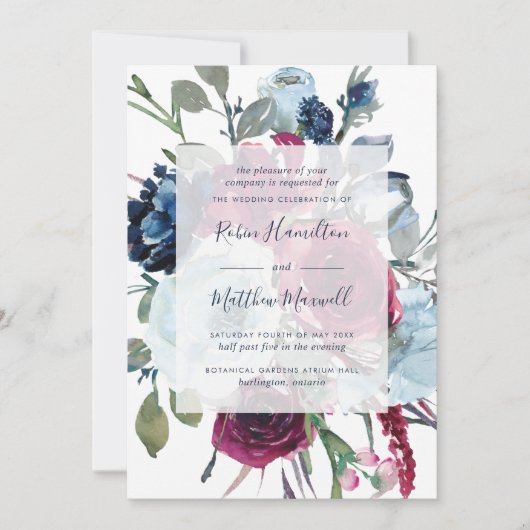 ベリエレガントーとブルーウォーターの色のフローラ結婚 招待状 (正面)