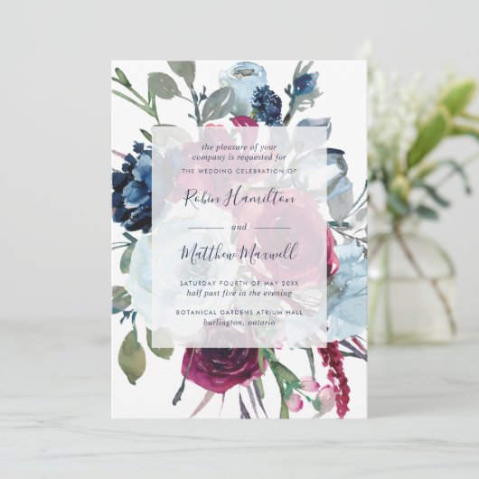ベリエレガントーとブルーウォーターの色のフローラ結婚 招待状 (スタンド正面)