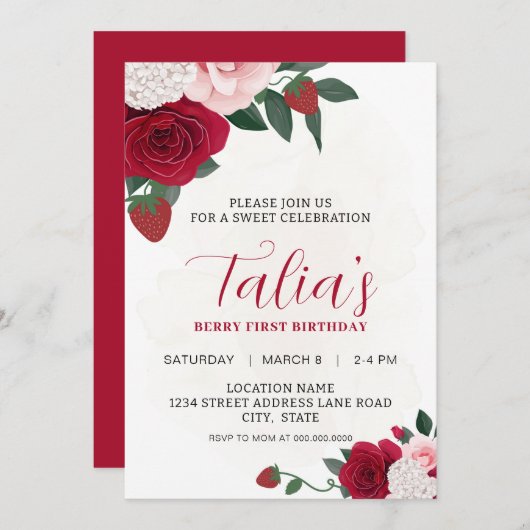 ベリエレガントーバラの最初の誕生日パーティーのダウンロード 招待状 (正面/裏面)