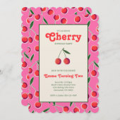 ベリーさくらんぼガールズ誕生日招待状:ホットピンク 招待状 (正面/裏面)