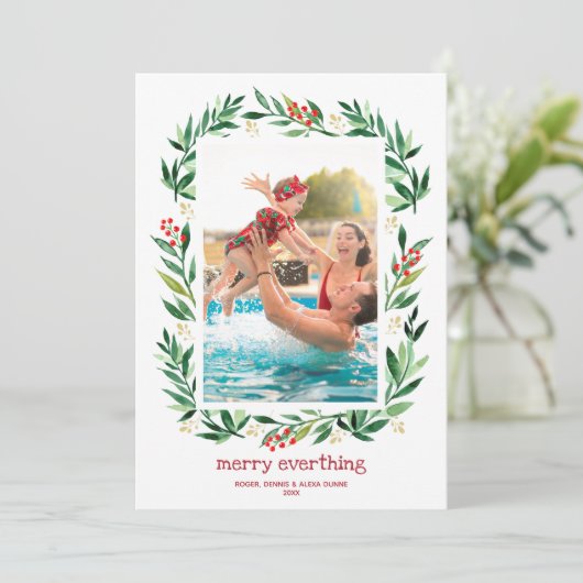 ベリーとグリーンのメリークリスマスフォト シーズンカード (スタンド正面)