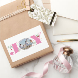 ベリーとピンクの喜びクリスマスフォト 長方形シール