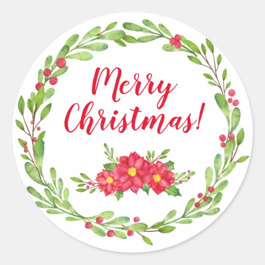 ベリーとポインセチアのクリスマスラウンドステッカー ラウンドシール (正面)