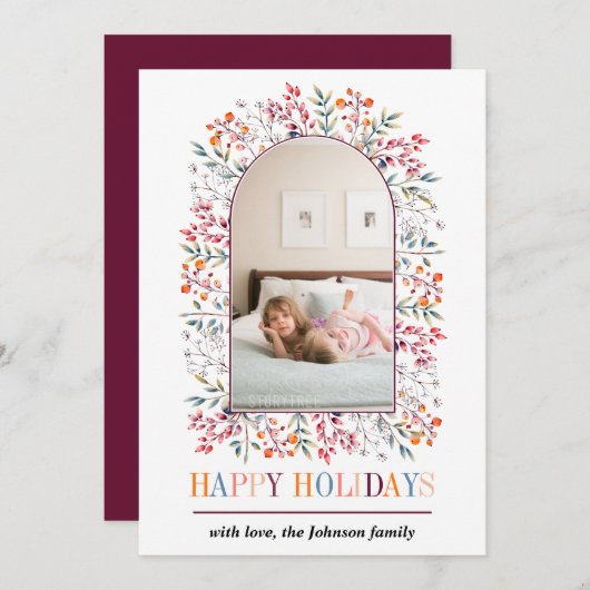 ベリーとリーフのアーチカラフルクリスマスフォト シーズンカード (正面/裏面)