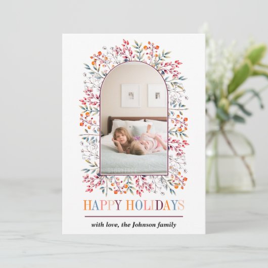 ベリーとリーフのアーチカラフルクリスマスフォト シーズンカード (スタンド正面)