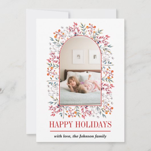 ベリーとリーフアーチハッピーホリデーズクリスマスフォト シーズンカード (正面)