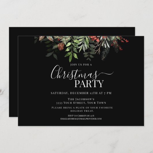 ベリーと緑のフローラクリスマスパーティーブラック 招待状 (正面/裏面)