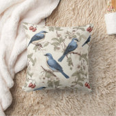 ベリーと花の咲く青い鳥のヴィンテージ クッション (ブランケット)