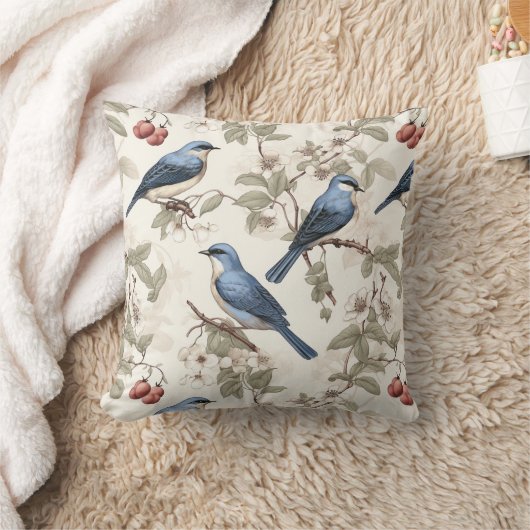 ベリーと花の咲く青い鳥のヴィンテージ クッション (ブランケット)