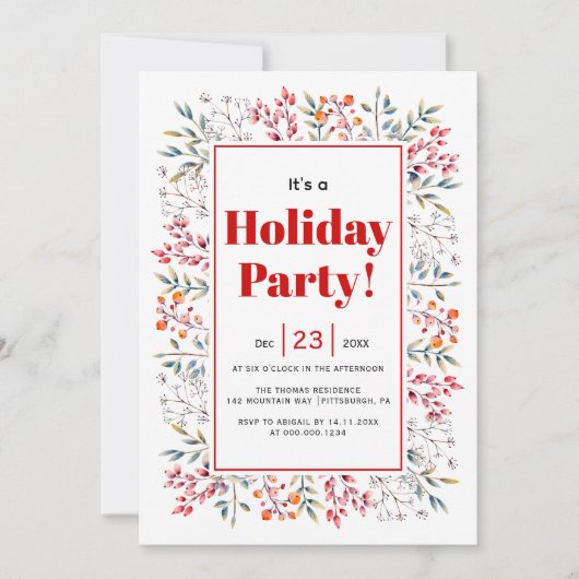 ベリーと葉の縁どクリスマスの休日パーティー 招待状 (正面)