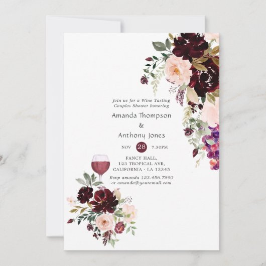ベリーと赤面フローラワイン試飲カップルのシャワー 招待状 (正面)