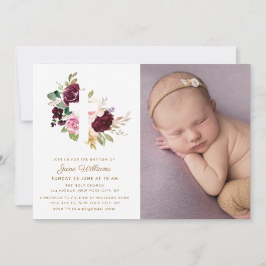ベリーと赤面花模様バプテスマ写真招待状 招待状 (正面)