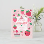 ベリーの最初のかわいいイチゴのフレーム赤い最初の誕生日 招待状 (スタンド正面)
