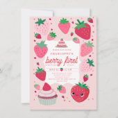 ベリーの最初のかわいいイチゴのフレーム赤い最初の誕生日 招待状 (正面)