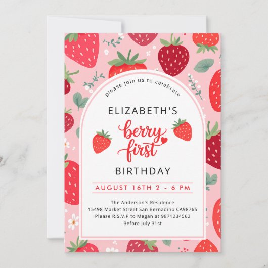 ベリーの最初のかわいい1歳の誕生日イチゴの写真 招待状 (正面)