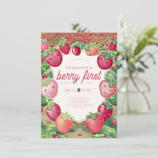 ベリーの最初のイチゴのフィールドフレーム1st誕生日 招待状 (スタンド正面)