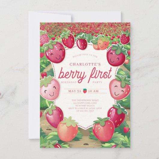 ベリーの最初のイチゴのフィールドフレーム1st誕生日 招待状 (正面)