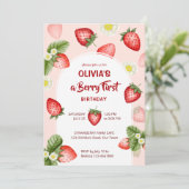 ベリーの最初のイチゴの誕生日パーティーテンプレート 招待状 (スタンド正面)