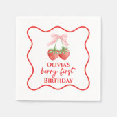 ベリーの最初のイチゴの誕生日ピンクボウ スタンダードカクテルナプキン (正面)