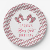 ベリーの最初のイチゴの誕生日ピンクボウ ペーパープレート (正面)