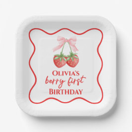 ベリーの最初のイチゴの誕生日ピンクボウ ペーパープレート