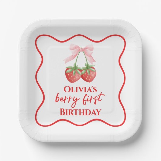 ベリーの最初のイチゴの誕生日ピンクボウ ペーパープレート (正面)