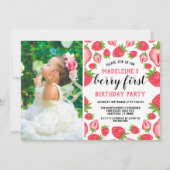 ベリーの最初のイチゴ1st誕生日パーティー写真 招待状 (正面)