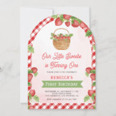 ベリーの最初のストロベリーアーチ写真1st誕生日 招待状 (正面)