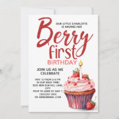 ベリーの最初のストロベリーカップケーキ1st誕生日 招待状 (正面)
