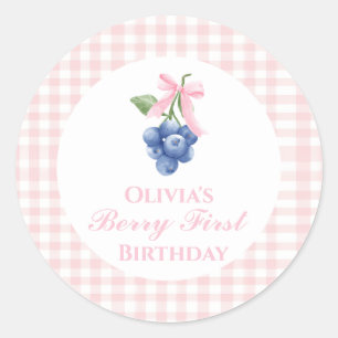 ベリーの最初のブルーベリーの誕生日ピンクボウギンガム ラウンドシール