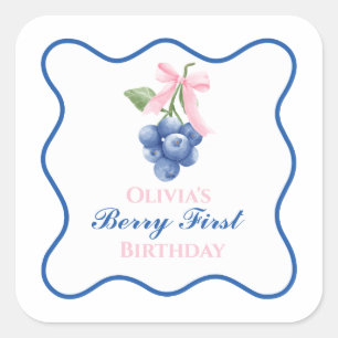 ベリーの最初のブルーベリーの誕生日ピンクボウコケット スクエアシール