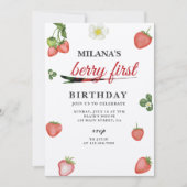 ベリーの最初の水の色イチゴの最初の誕生日 招待状 (正面)
