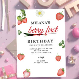 ベリーの最初の水の色イチゴの最初の誕生日 招待状