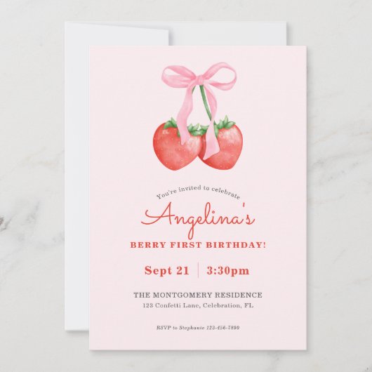 ベリーの最初の水の色イチゴの最初の誕生日 招待状 (正面)