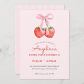 ベリーの最初の水の色イチゴの最初の誕生日 招待状 (正面/裏面)