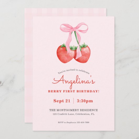 ベリーの最初の水の色イチゴの最初の誕生日 招待状 (正面/裏面)