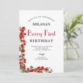ベリーの最初の水の色イチゴの最初の誕生日 招待状 (スタンド正面)