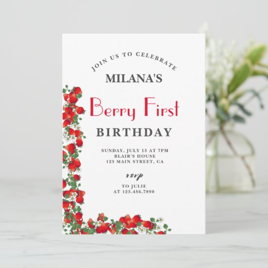 ベリーの最初の水の色イチゴの最初の誕生日 招待状 (スタンド正面)