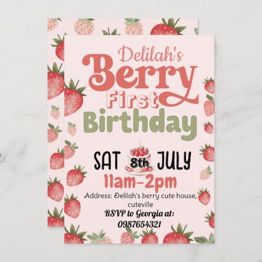 ベリーの最初の誕生日パーティーの招待 招待状 (正面/裏面)