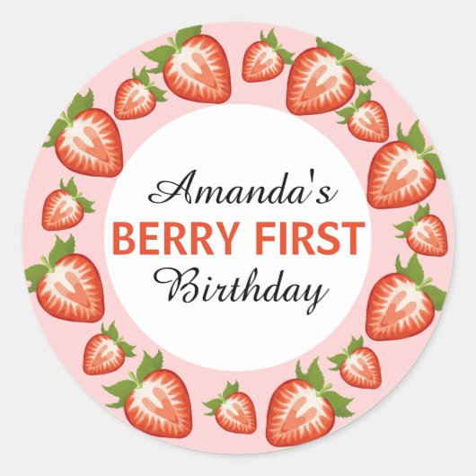 ベリーの最初の誕生日ベリーガールピンクストロベリー ラウンドシール (正面)