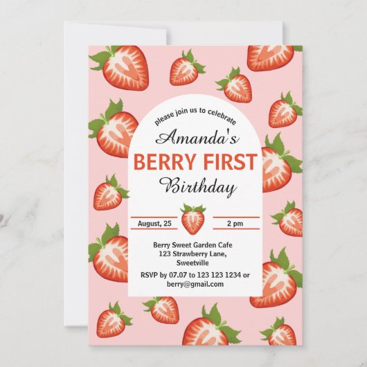 ベリーの最初の誕生日ベリーガールピンクストロベリー 招待状 (正面)