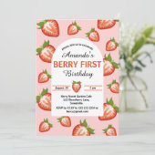 ベリーの最初の誕生日ベリーガールピンクストロベリー 招待状 (スタンド正面)