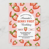ベリーの最初の誕生日ベリーガールピンクストロベリー 招待状 (正面/裏面)