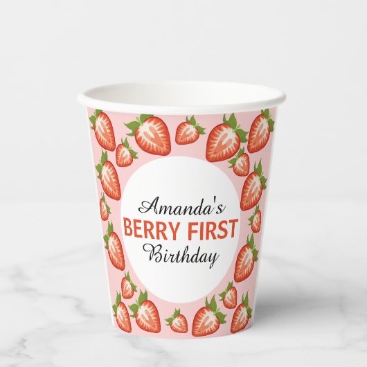 ベリーの最初の誕生日ベリーガールピンクストロベリー 紙コップ (正面)