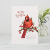 ベリーの枝に止まるルビー色のカーディナル ホリデー カード (スタンド正面)