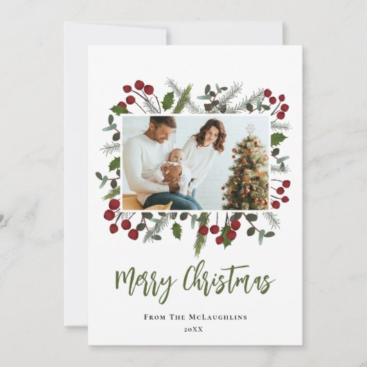 ベリーの枝フレームファミリーフォトクリスマモダンス シーズンカード (正面)