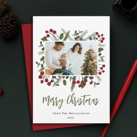 ベリーの枝フレームファミリーフォトクリスマモダンス シーズンカード