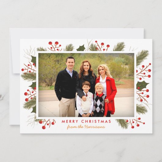 ベリーの枝フレーム |モダンクリスマスフォトフラット シーズンカード (正面)